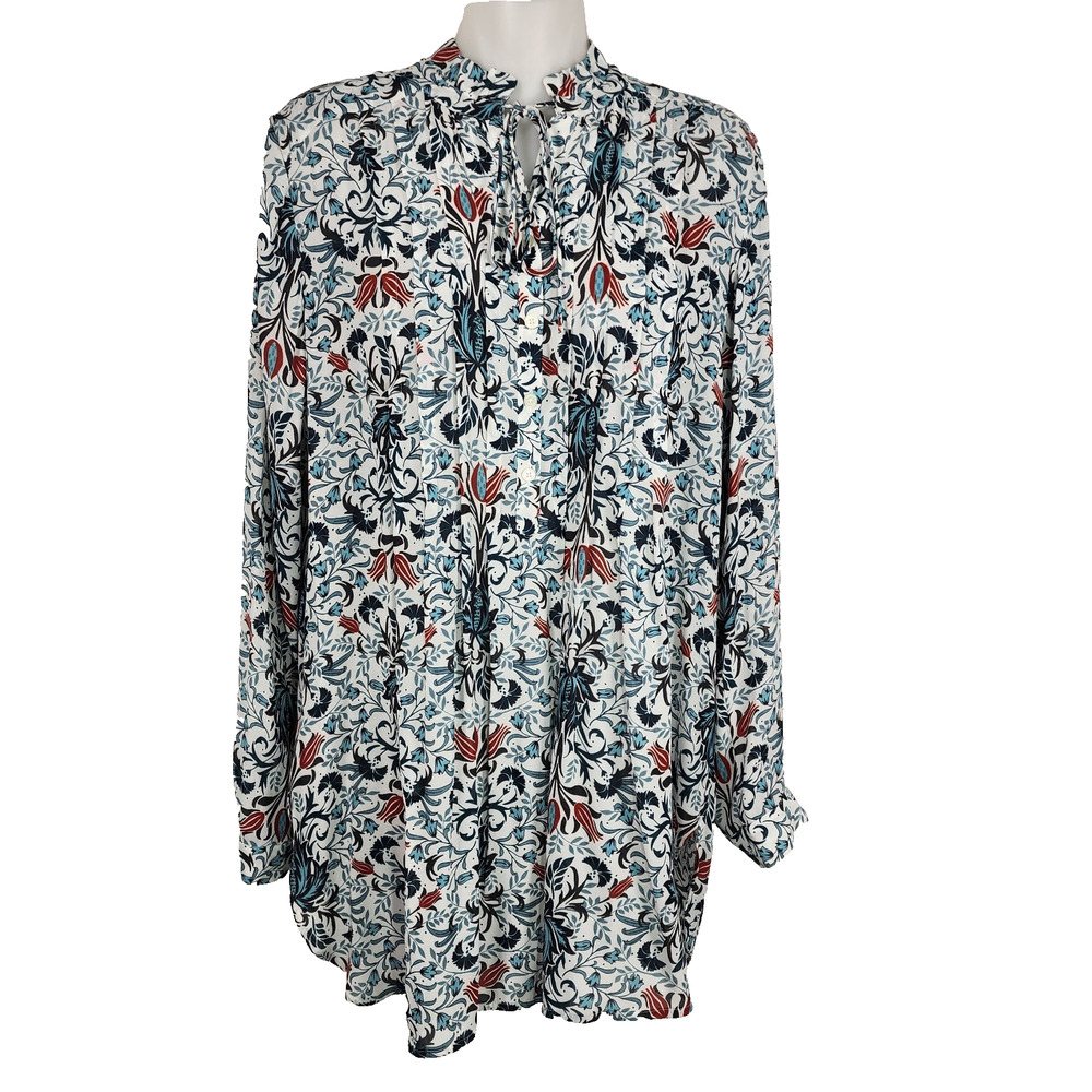 Ann Taylor LOFT Womens Tunic Top Small Multicolor Floral Pintuck Tie Ruffle Neck